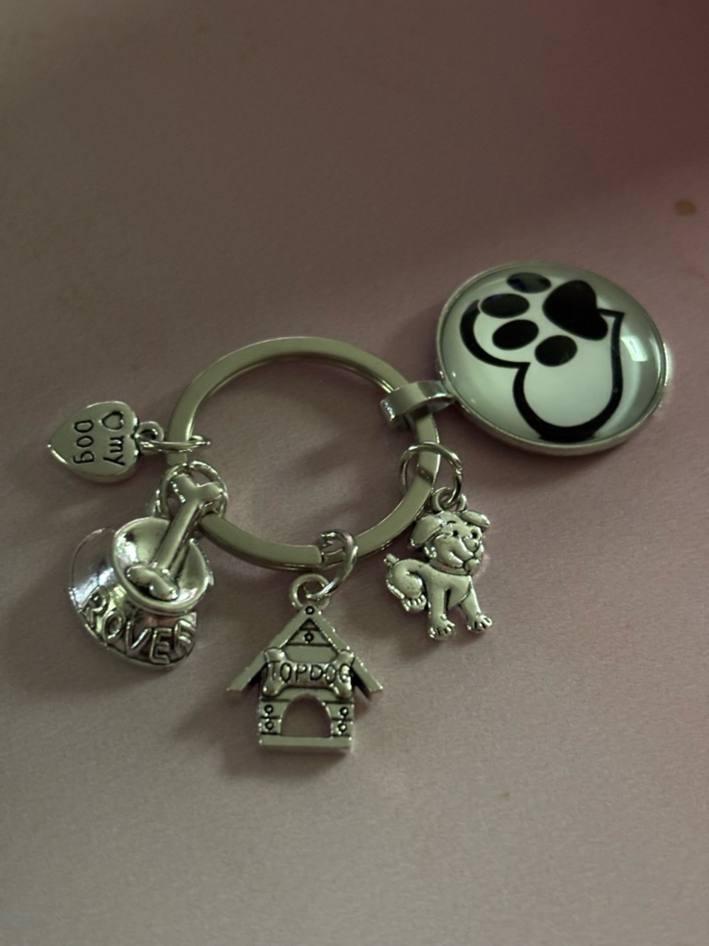 Silver Paw puppy dog Charm Keychain with Heart and Pet House